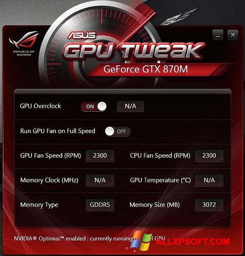 Снимак заслона ASUS GPU Tweak Windows XP