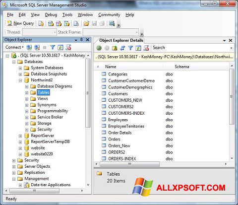 Снимак заслона Microsoft SQL Server Windows XP