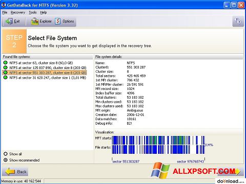 Снимак заслона GetDataBack Windows XP