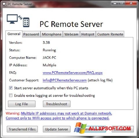 Снимак заслона PC Remote Server Windows XP