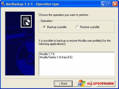 Снимак заслона MozBackup Windows XP