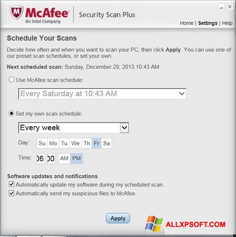 Снимак заслона McAfee Security Scan Plus Windows XP