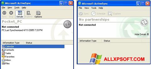 Снимак заслона Microsoft ActiveSync Windows XP