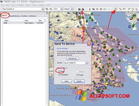 Снимак заслона MapSource Windows XP