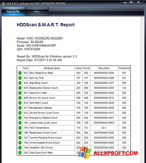 Снимак заслона HDDScan Windows XP