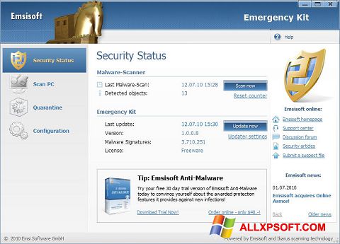 Снимак заслона Emsisoft Emergency Kit Windows XP