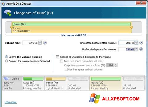 Снимак заслона Acronis Disk Director Suite Windows XP