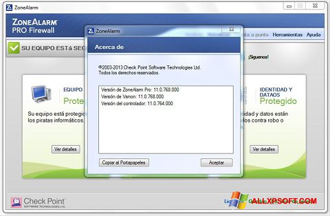 Снимак заслона ZoneAlarm Windows XP