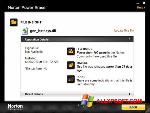 Снимак заслона Norton Power Eraser Windows XP