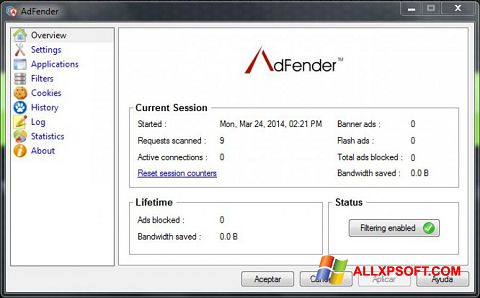 Снимак заслона AdFender Windows XP
