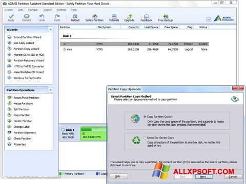 Снимак заслона AOMEI Partition Assistant Windows XP