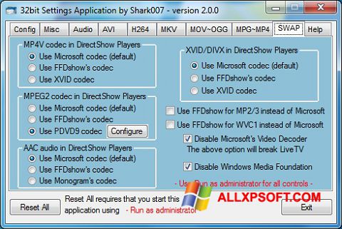 Снимак заслона ADVANCED Codecs Windows XP