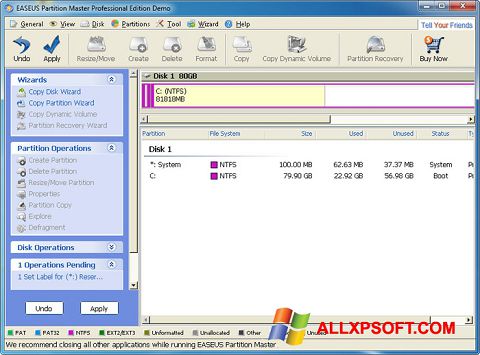 Снимак заслона EASEUS Partition Master Windows XP
