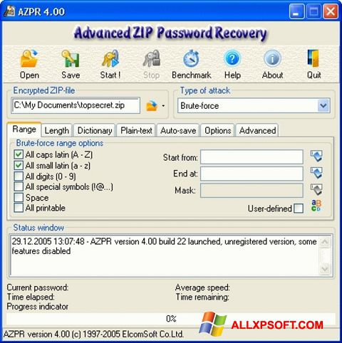 Снимак заслона Advanced Archive Password Recovery Windows XP