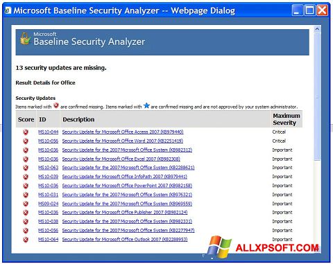Снимак заслона Microsoft Baseline Security Analyzer Windows XP