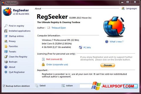 Снимак заслона RegSeeker Windows XP