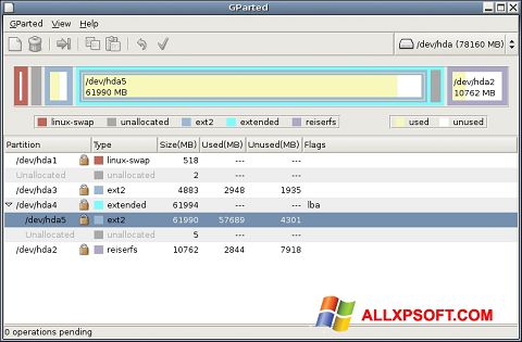 Снимак заслона GParted Windows XP