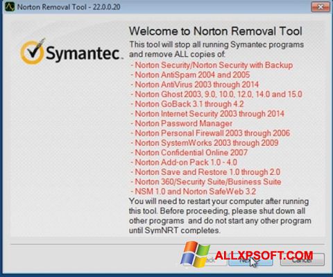 Снимак заслона Norton Removal Tool Windows XP