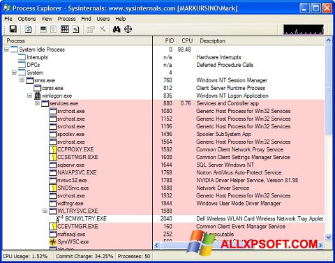 Снимак заслона Process Explorer Windows XP