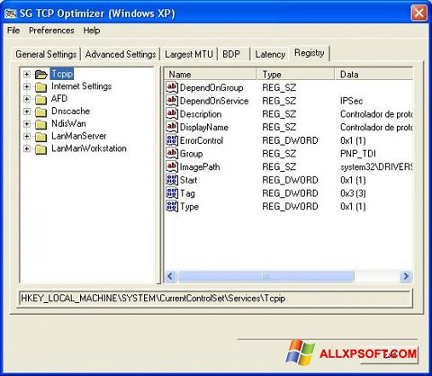 Снимак заслона TCP Optimizer Windows XP