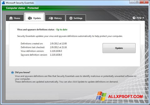 Снимак заслона Microsoft Security Essentials Windows XP